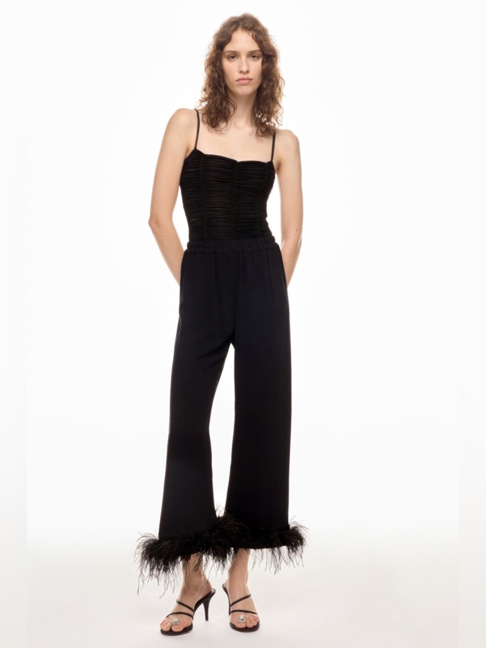 Sleeper Black Feather Trim Lounge Pants Pajama Bottoms Wide Leg Size Medium